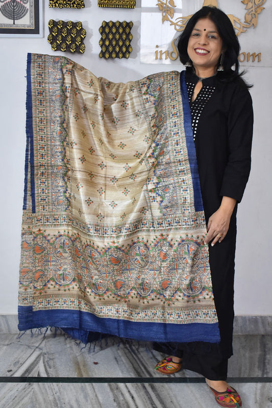 Geecha Silk Dupatta with printed Madhubani patterns