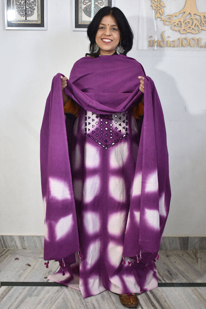 Tie & Dye Clamp Dyed cotton Unstitched Suit with Kutch Mirror work