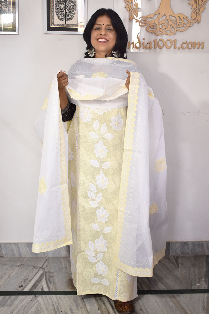 Semi Stitched Organdy Kurta & Dupatta set with Hand done Heavy Phool patti work