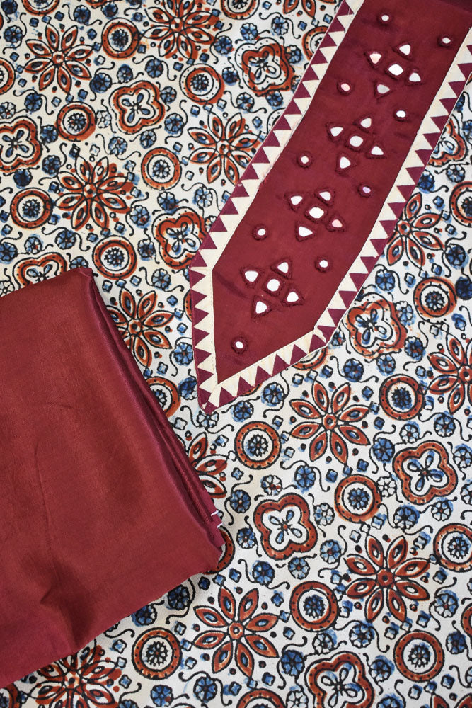 Mashru Pattern Designer Ajrakh Mashru Kurta Fabric with Kutch Mirror Work patch & Pla ...