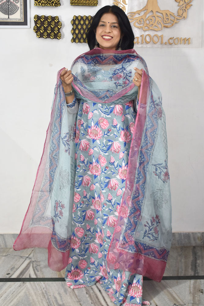 Designer Hand Block Placement Print Cotton suit with Kota dupatta and panel design