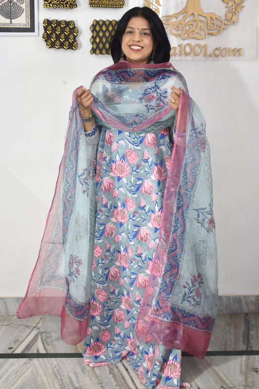 Designer Hand Block Placement Print Cotton suit with Kota dupatta and panel design