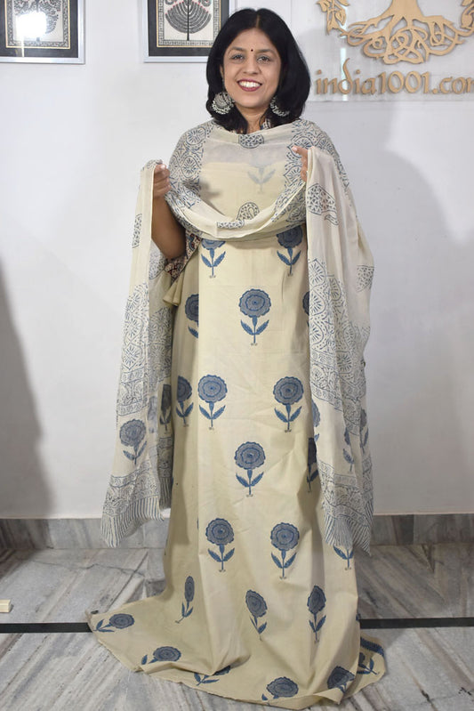 Hand Block Printed Cotton unstitched suit fabric with Chiffon dupatta
