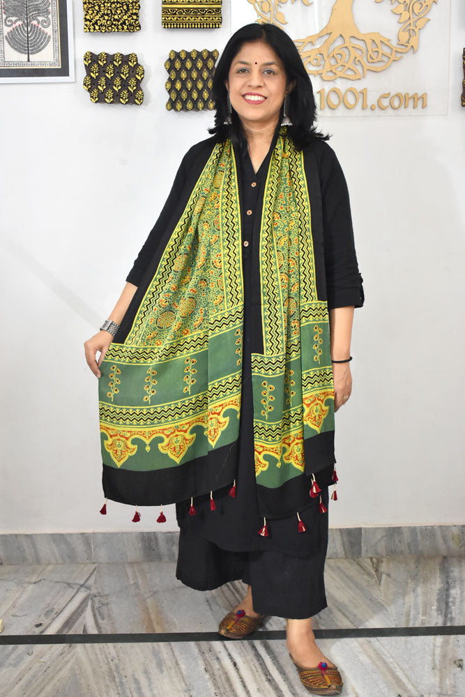 Beautiful Hand Block Printed Ajrakh Modal Silk stole with Tassels
