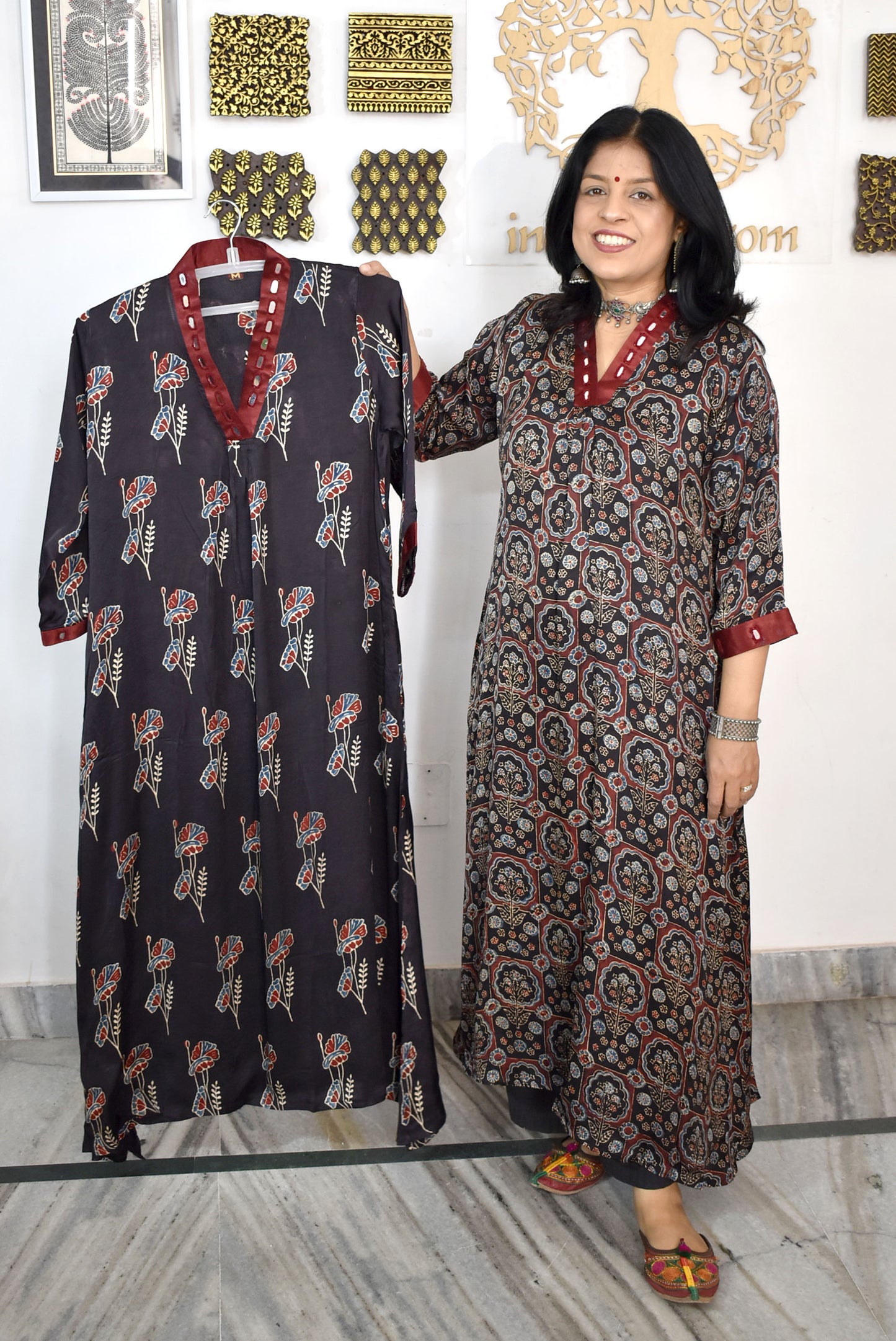 Beautiful Ajrakh Modal Silk Kurta with Kutch Mirror Work size - 38 - 44