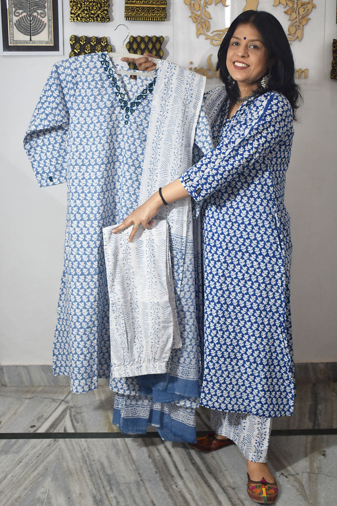 Beautiful Hand Block print Cotton suit with Kutch Mirror Work & Cotton Dupatta
