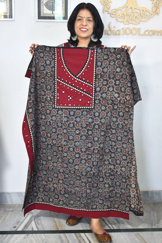 Designer Ajrakh Cotton Kurta Fabric with Kutch Mirror Work patch