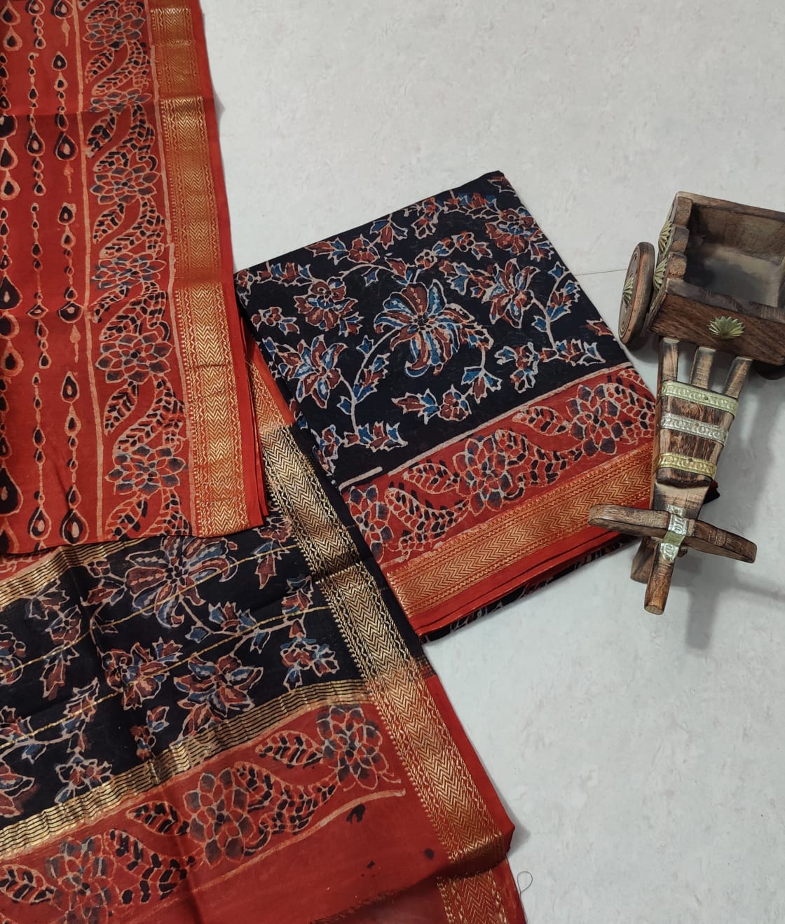 Beautiful Ajrakh Bagru Hand Block Printed Maheshwari Kurta & Dupatta Fabric