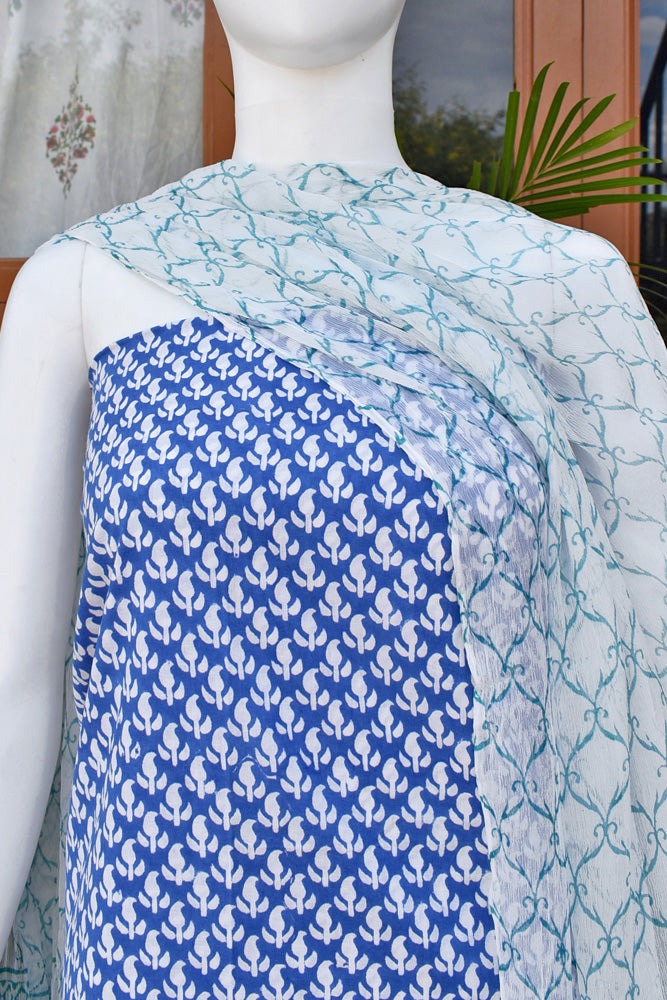 Elegant Block Printed Cotton unstitched suit fabric with Chiffon dupatta