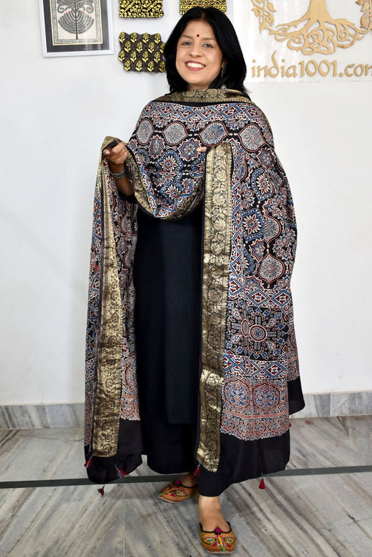 Beautiful Ajrakh Dola Silk Hand Block Print  Dupatta with Tassels