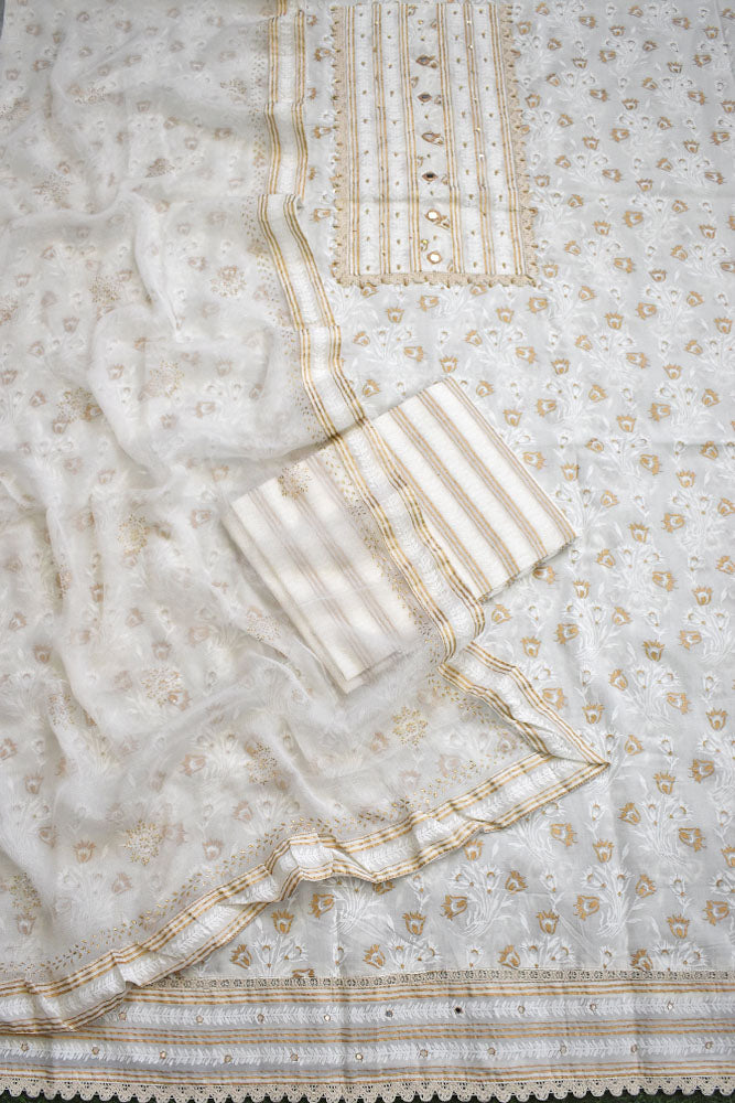 Premium Cotton Unstitched Suit with Neck patch, Intricate Hand Embroidery & Block print dupatta