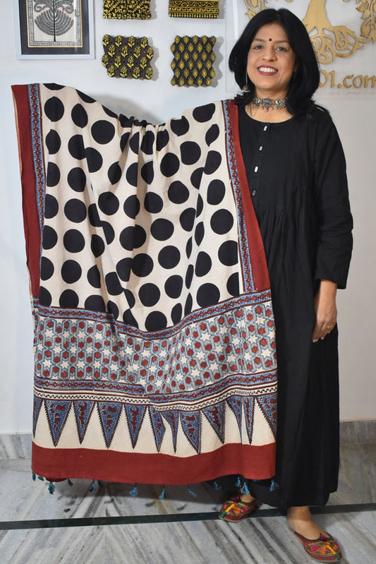 Ajrakh Hand Block Printed Cotton Dupatta with Tassels & natural dyes