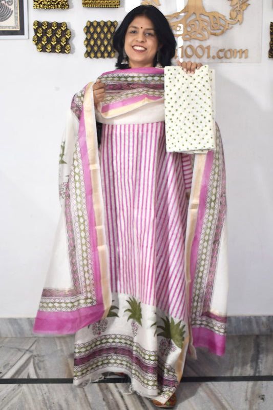 Beautiful Hand Block Printed Maheshwari Silk Cotton Unstitched suit fabric - 3 pc set