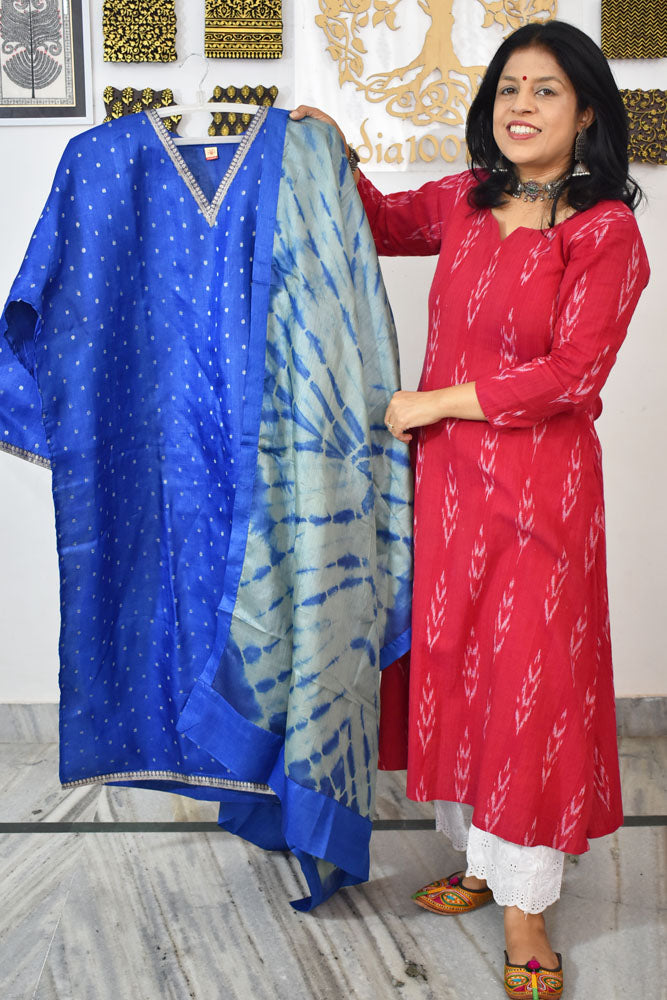 Semi Stitched Block Printed Tussar Silk Dupatta  & Tussar Kurta Fabric