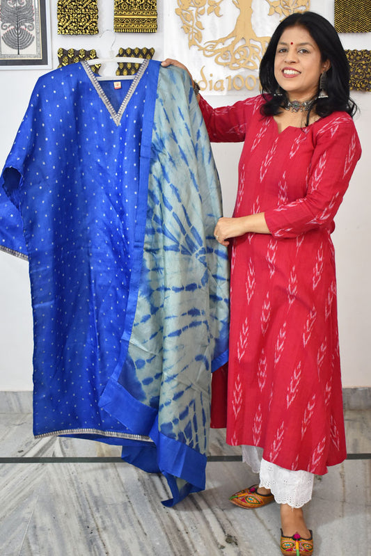 Semi Stitched Block Printed Tussar Silk Dupatta  & Tussar Kurta Fabric