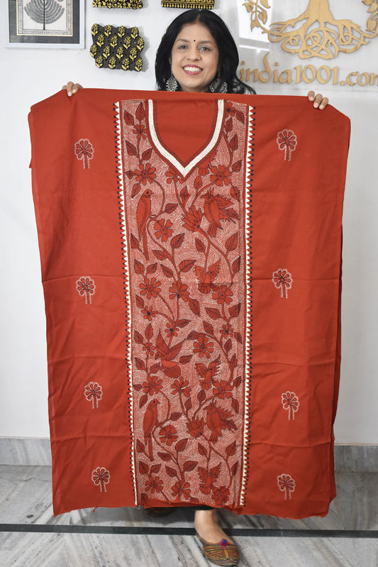 Hand Embroidered Kantha work cotton fabric - (Length 2.8 mtrs )