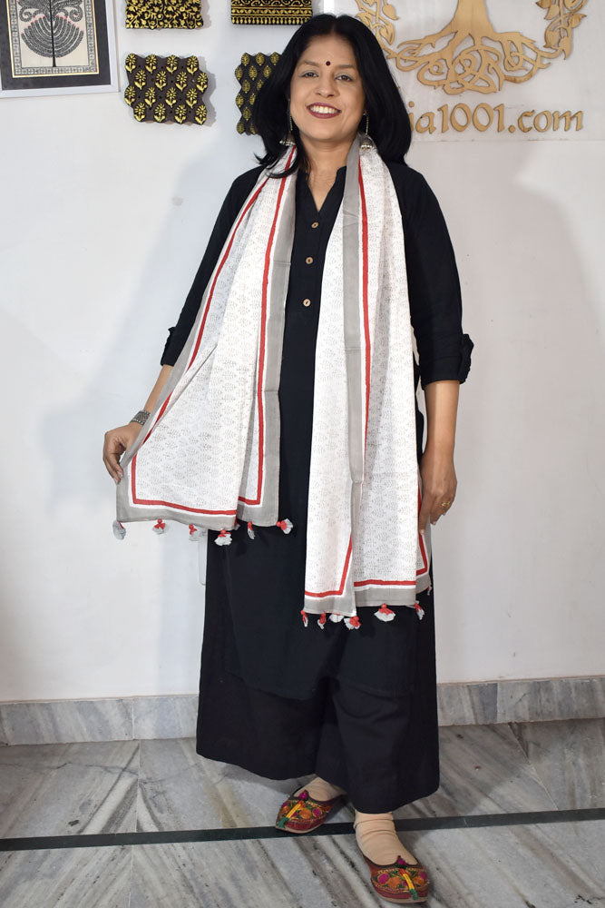 Elegant Hand block printed Cotton stole with cloth tassels