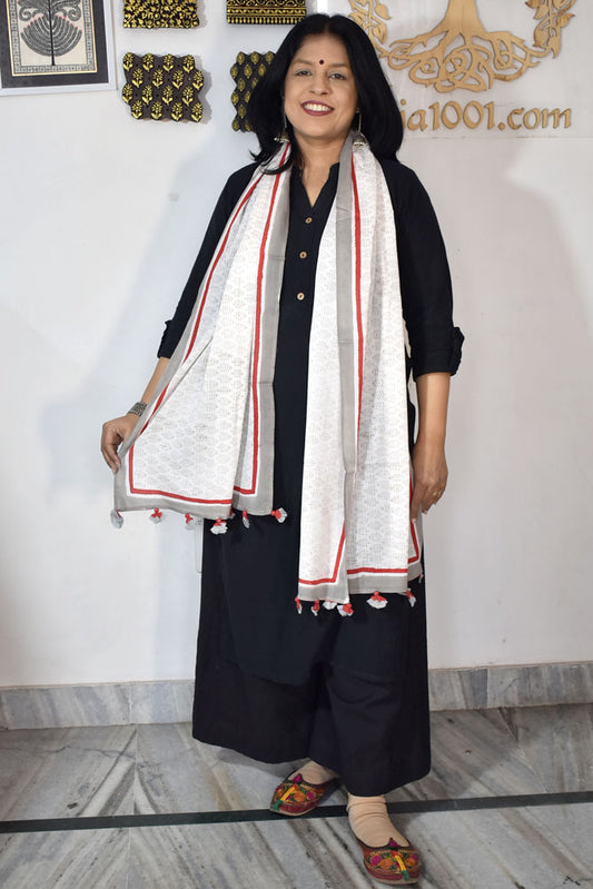 Elegant Hand block printed Cotton stole with cloth tassels