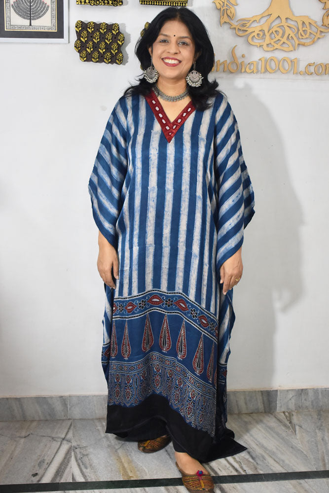 Beautiful Hand Block Printed Modal Silk Kaftan with kutch mirror, Can fit till size 44