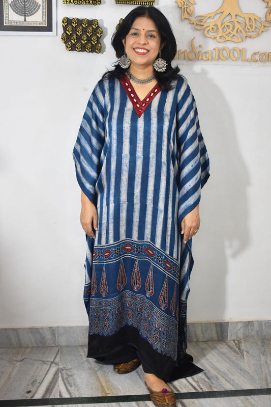 Beautiful Hand Block Printed Modal Silk Kaftan with kutch mirror, Can fit till size 44