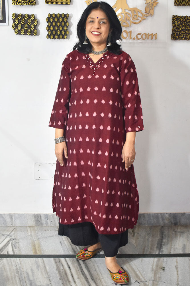 Designer Handwoven Ikkat pure cotton Kurta With Kutch Mirror Work - Size 36 to 46 ( all sizes)