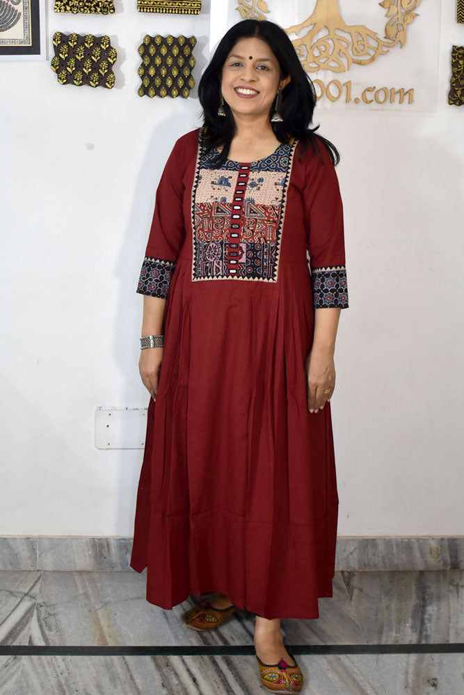 Designer Hand Block Printed Ajrakh cotton Kurta With Mirror Work - Size 38 to 46 ( all sizes)