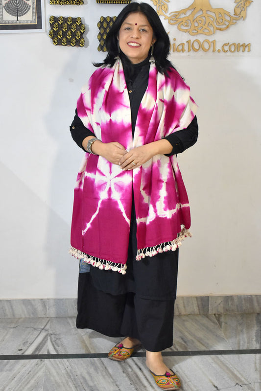 Hand woven Kutch Merino Wool Stole with Shibori Dye & Tassels