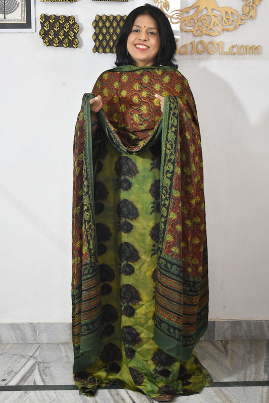 Beautiful Vanaspati Ajrakh Hand Block Printed Modal Silk set