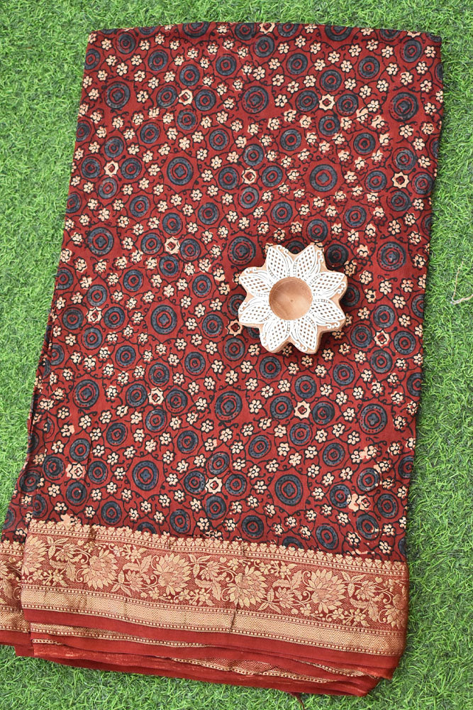 Beautiful Ajrakh Dola Silk Hand Block Print Fabric - 3 mtrs cut