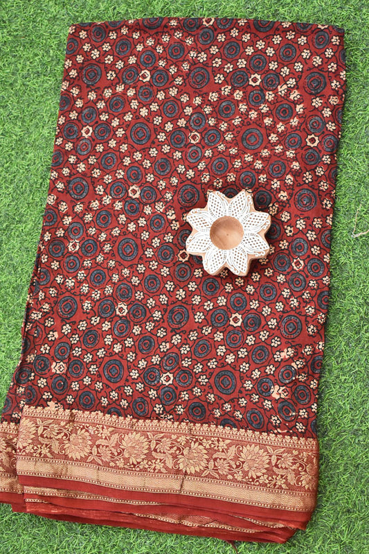 Beautiful Ajrakh Dola Silk Hand Block Print Fabric - 3 mtrs cut