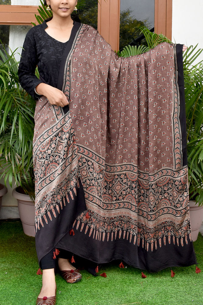 Elegant Modal Silk Ajrakh Block Print Dupatta with tassels