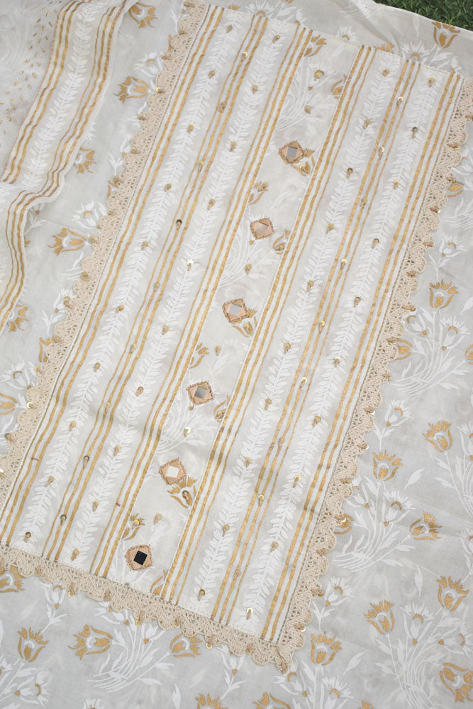 Premium Cotton Unstitched Suit with Neck patch, Intricate Hand Embroidery & Block print dupatta