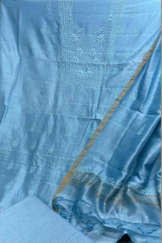 Elegant Chanderi silk Cotton Kurta & Dupatta with Chikankari Embroidery work & cotton bottom - 3 pc set