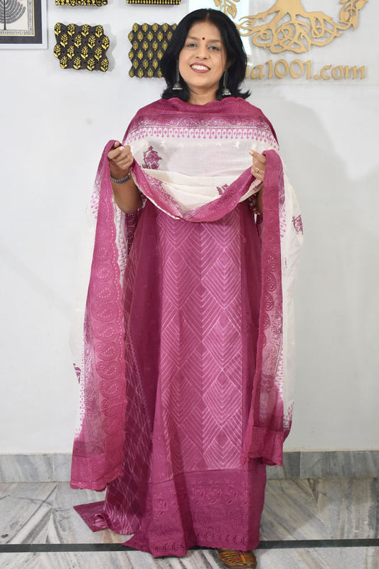 Tie & Dye Nui Shibori cotton Unstitched Suit with Block Printed Dupatta