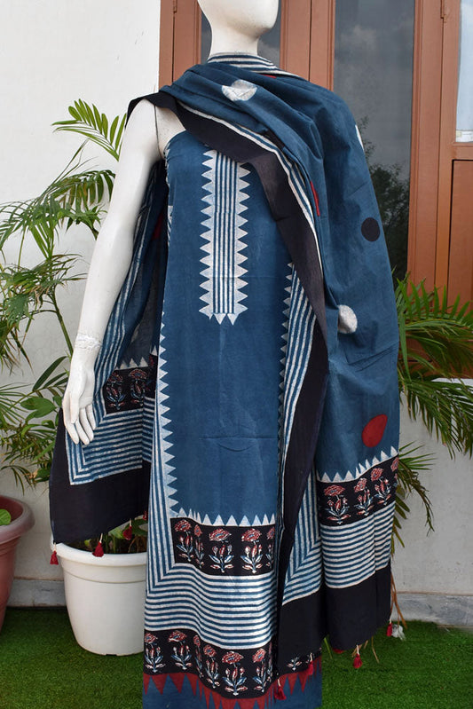 Hand Block Print Ajrakh Cotton Suit with designer Ajrakh neck yoke pattern