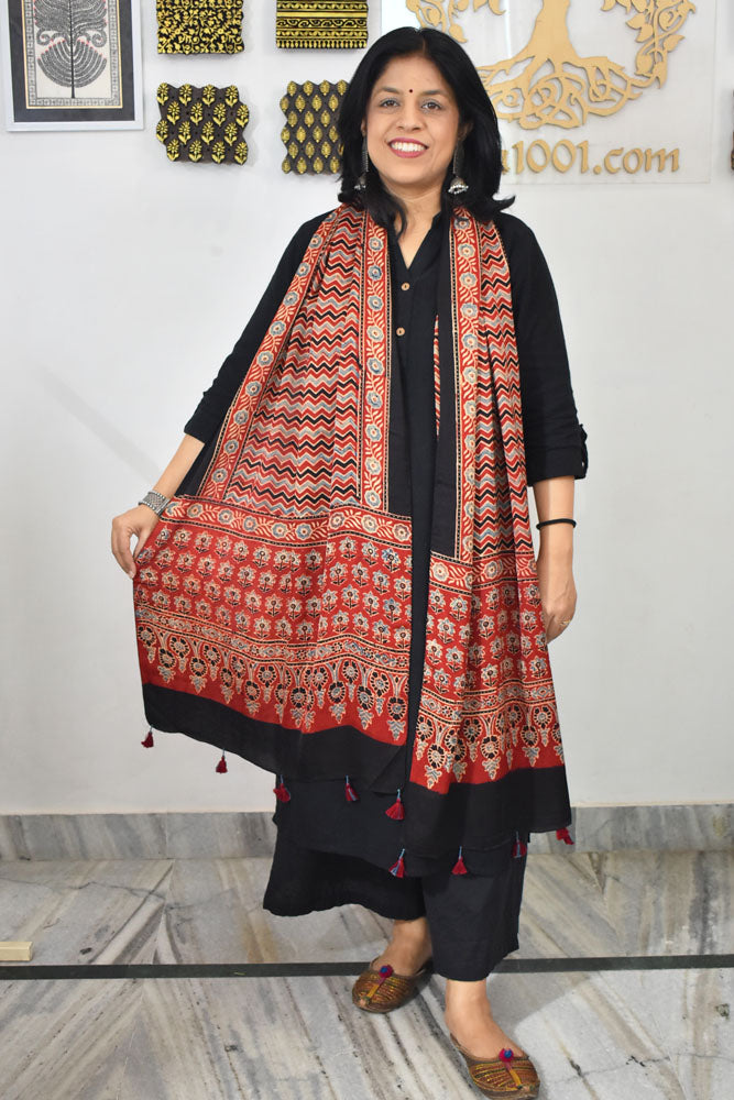 Beautiful Hand Block Printed Ajrakh Modal Silk stole with Tassels