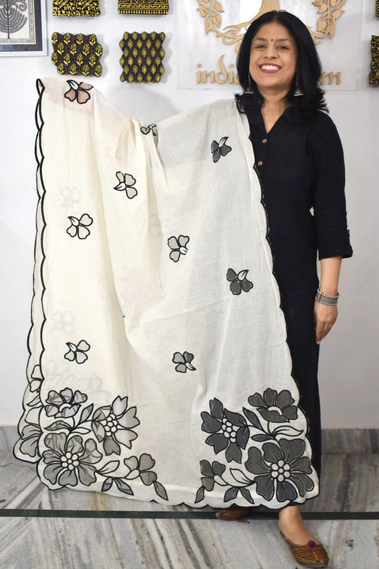 Gorgeous Cutwork & Embroidered Cotton Cream Dupatta