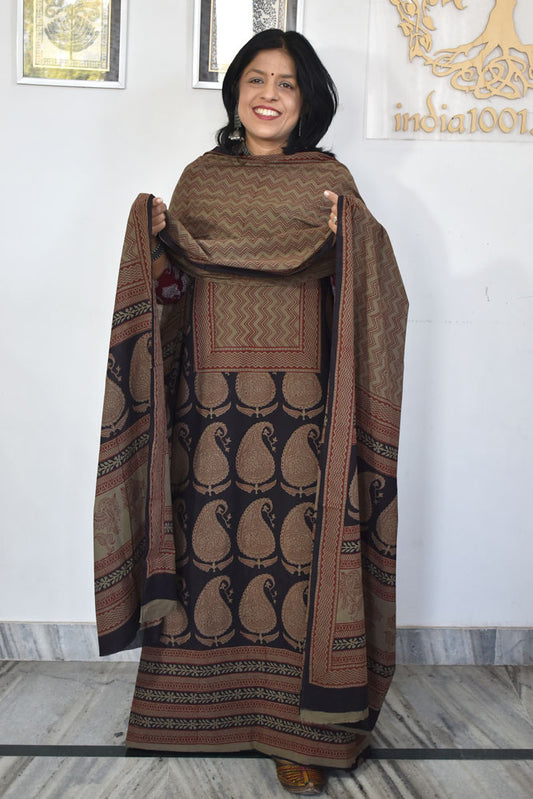 Bagh Hand Block Printed unstitched 3 pc Cotton suit fabric with Placement block print from MP