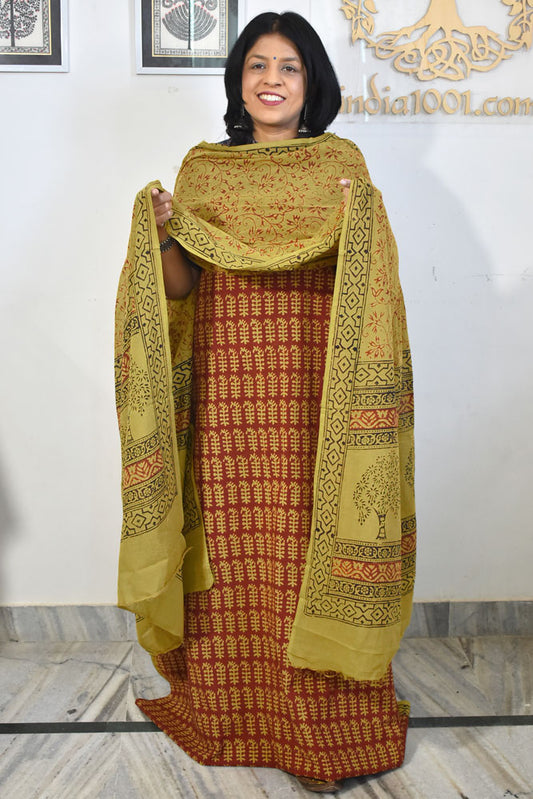 Bagh Hand Block Printed unstitched 3 pc Cotton suit fabric from MP