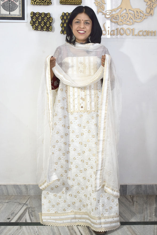 Premium Cotton Unstitched Suit with Neck patch, Intricate Hand Embroidery & Block print dupatta