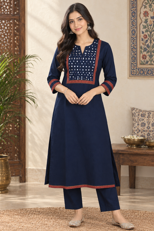 Designer Ajrakh cotton Kurta With Mirror Work - Blue - Size 40 to 46 ( all sizes)