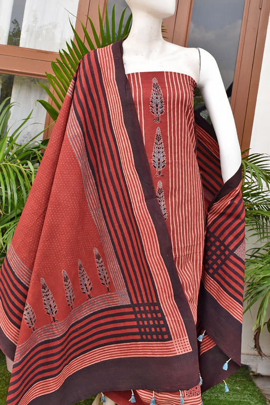 Hand Block Print Ajrakh Cotton Suit with designer Ajrakh neck yoke pattern