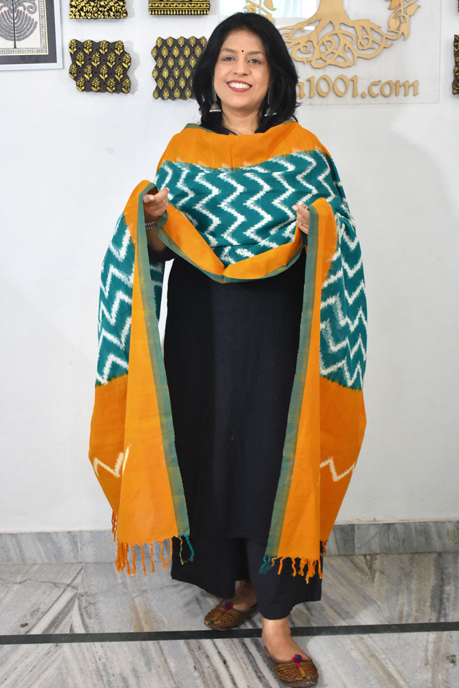 Designer Handwoven Mercerized Cotton Ikkat Dupatta