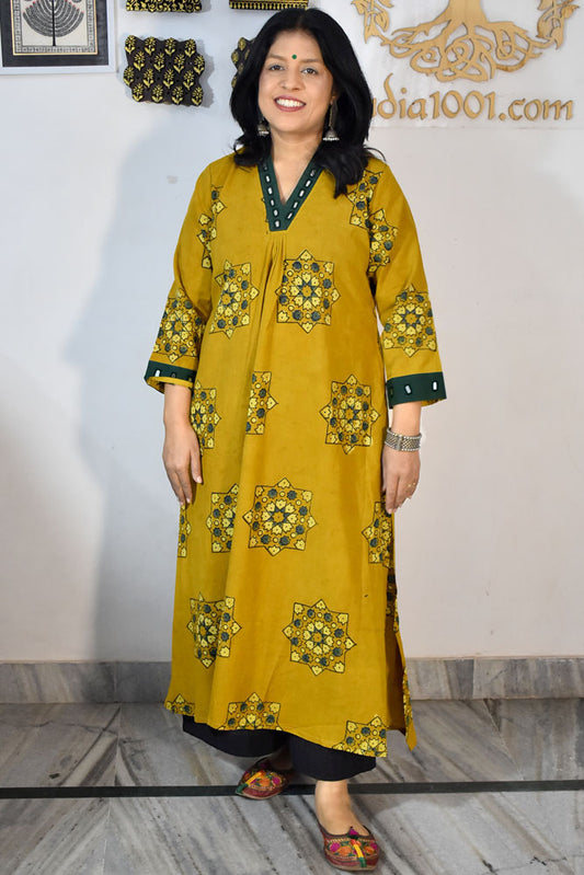 Beautiful Hand Block Printed Ajrakh Cotton kurta with Kutch Mirror work , Size 38 to 44