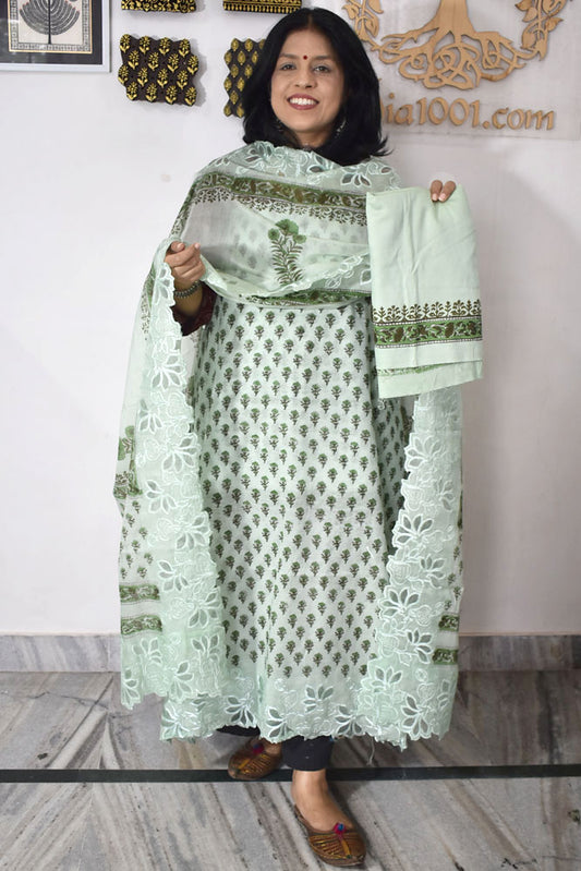 Beautiful Hand Block Printed Cotton Chanderi Suit With Cut Work