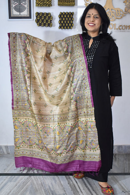 Geecha Silk Dupatta with printed Madhubani patterns