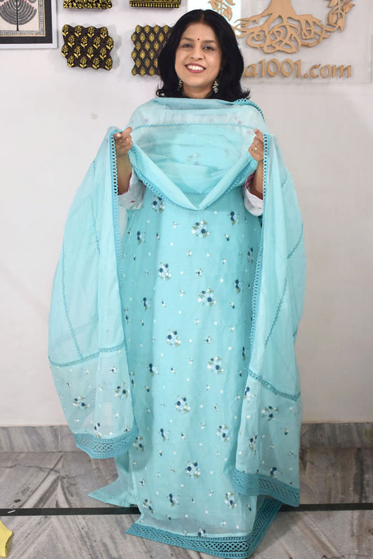 Gorgeous Mul Chanderi Kurta fabric & Dupatta set with embroidery