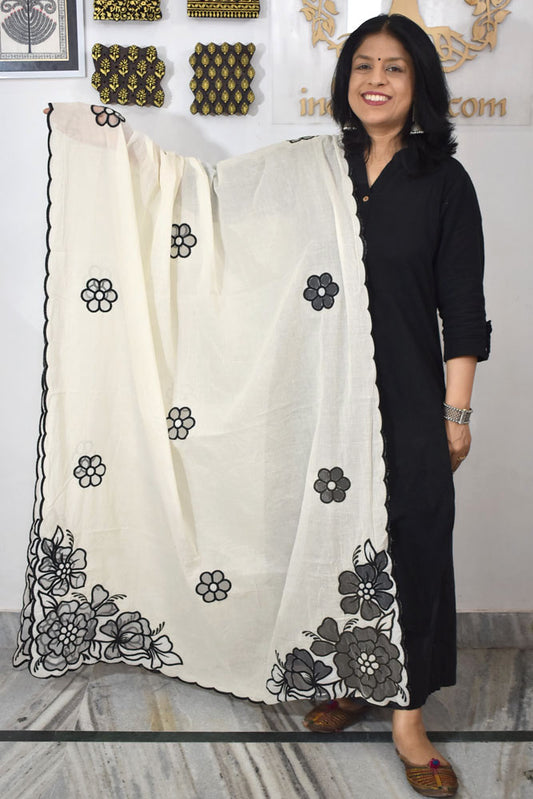 Gorgeous Cutwork & Embroidered Cotton Cream Dupatta