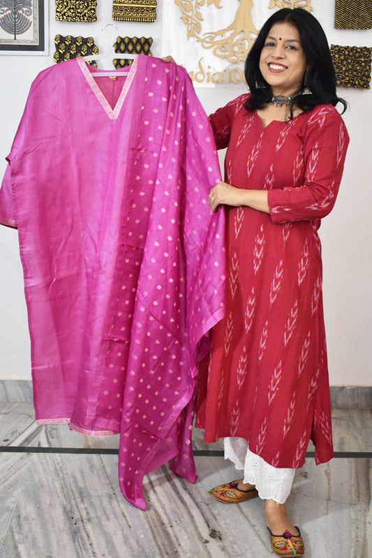 Semi Stitched Block Printed Tussar Silk Dupatta  & Tussar Kurta Fabric