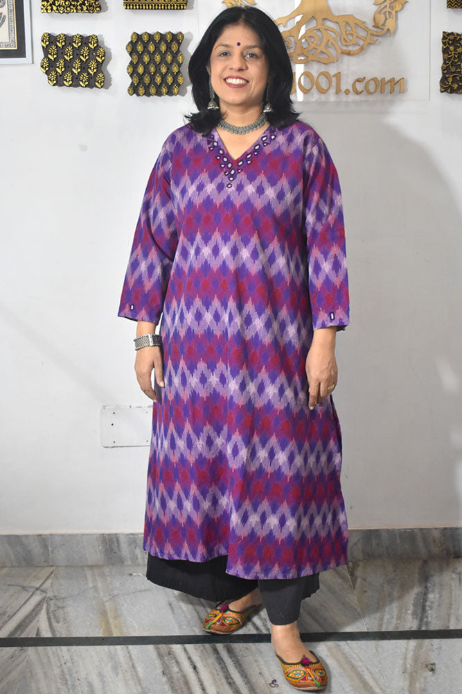 Designer Handwoven Ikkat pure cotton Kurta With Kutch Mirror Work - Size 36 to 46 ( all sizes)